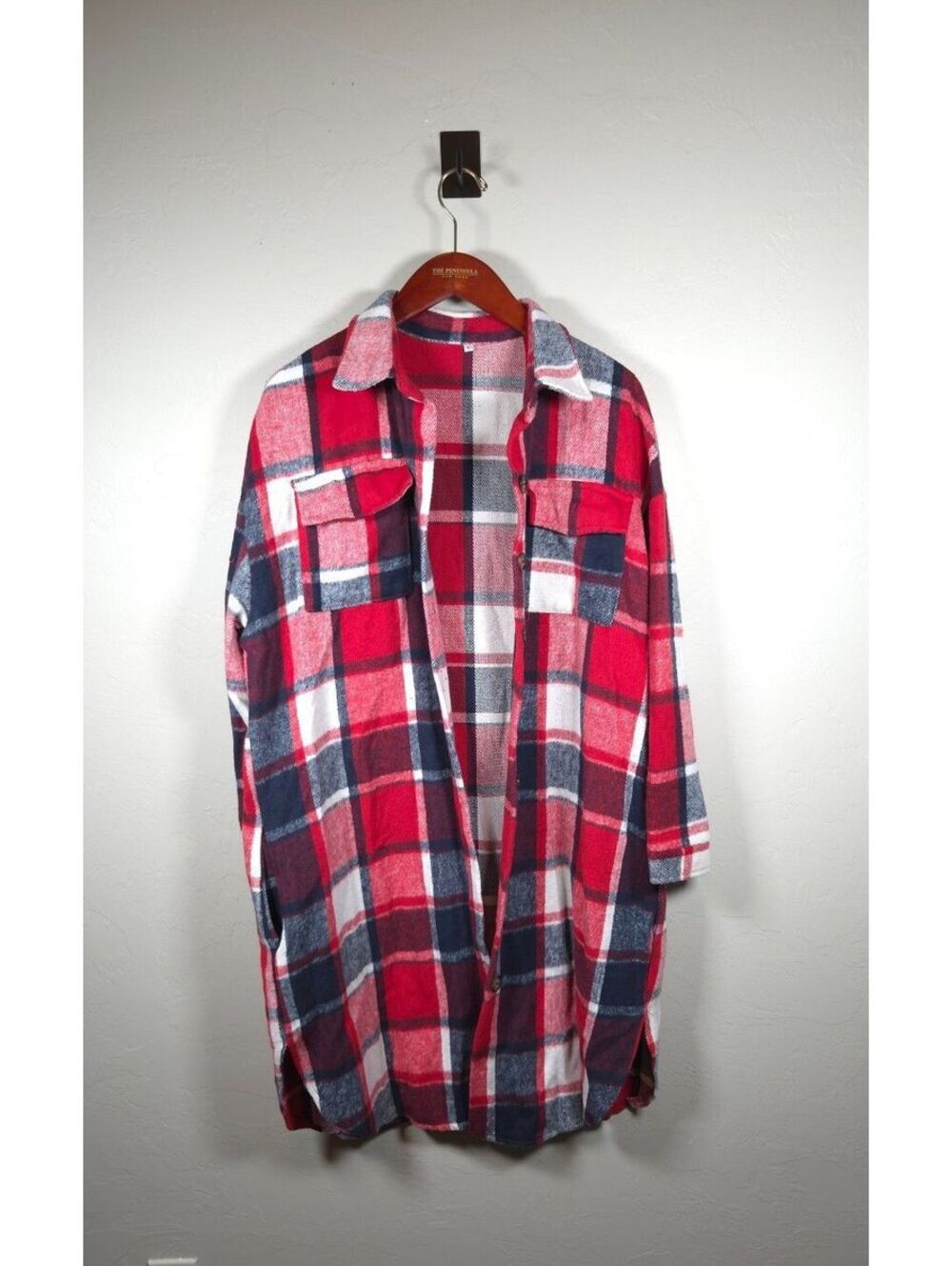 Red and Navy Plaid Long Shirt Dress Large Casual Relaxed Fit